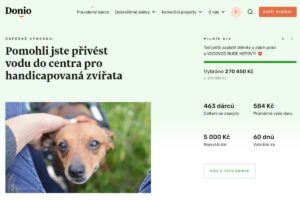 Screenshot úspěšné sbírky na Doniu na vybudování vodovodu na pozemku připravovaného centra pro zvířata v nouzi.
